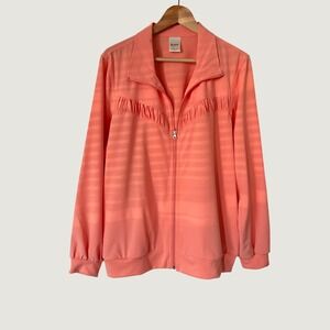 Blair Women Coral Pink Striped Zip Up Track Jacket Ruffle Chest Large